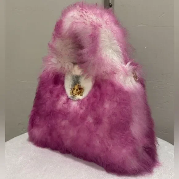 2 Tone Real Lamb Fur Handmade Top Handle, Fold Over Flap Handbag, Crossbody bag - Picture 7 of 16